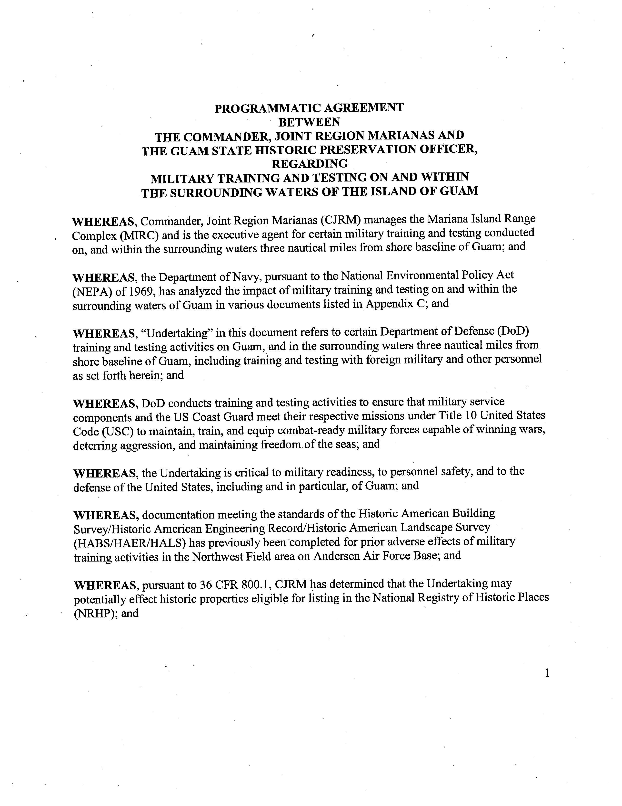 This is an image of the first page of the Programmatic Agreement between Joint Region Marianas and the island of Guam.